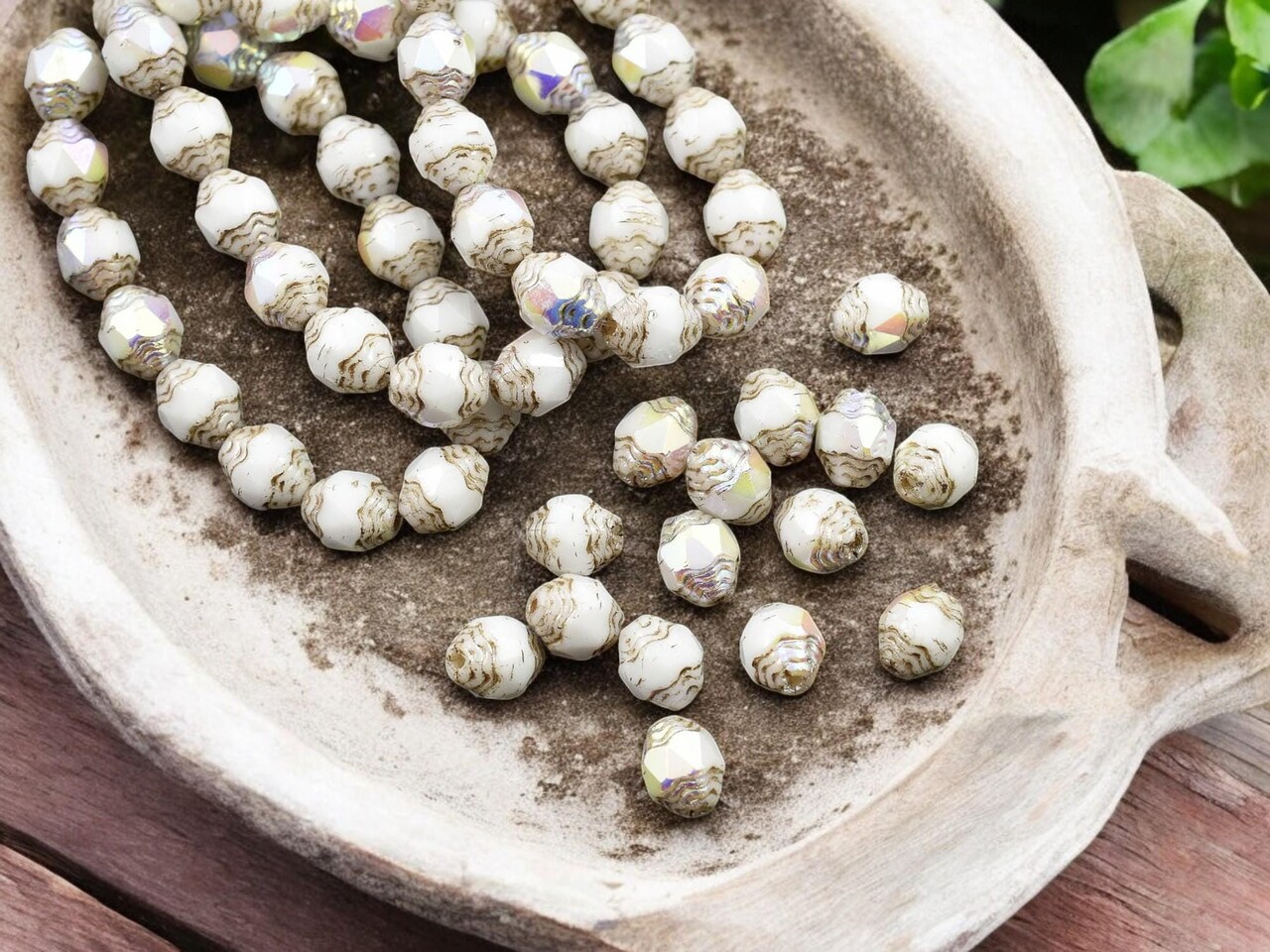 *15* 6x8mm Platinum Washed Opaque White AB Oval Cathedral Beads